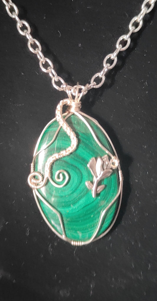 Malachite and Silver Wire Wrapped Stone Necklace