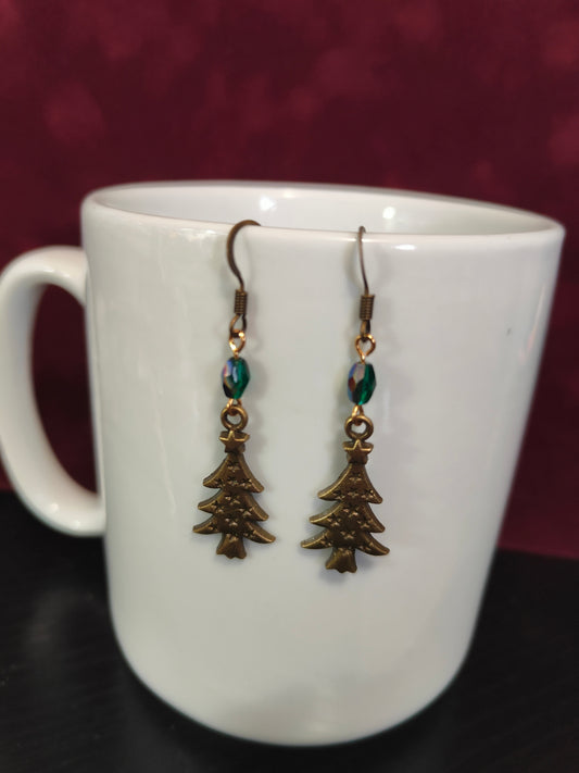 Christmas Tree Earrings, Antique Bronze