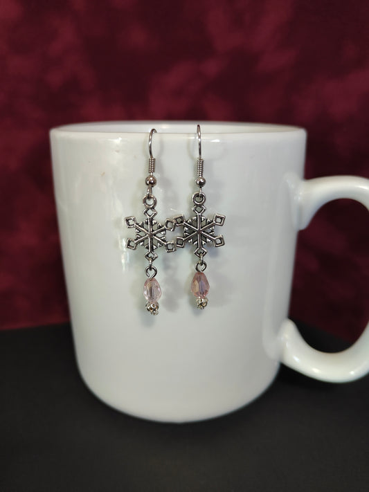 Winter Snowflake Earrings with Pink Crystal