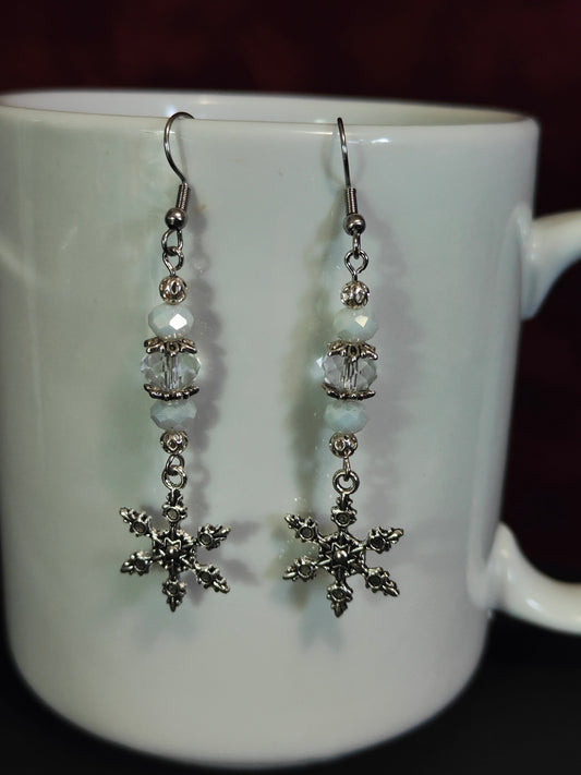 Snowflake and White Crystal Dangle Earrings