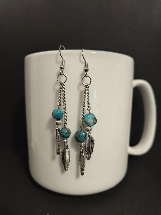 Feather and Apatite Stone Bead Dangle Earrings