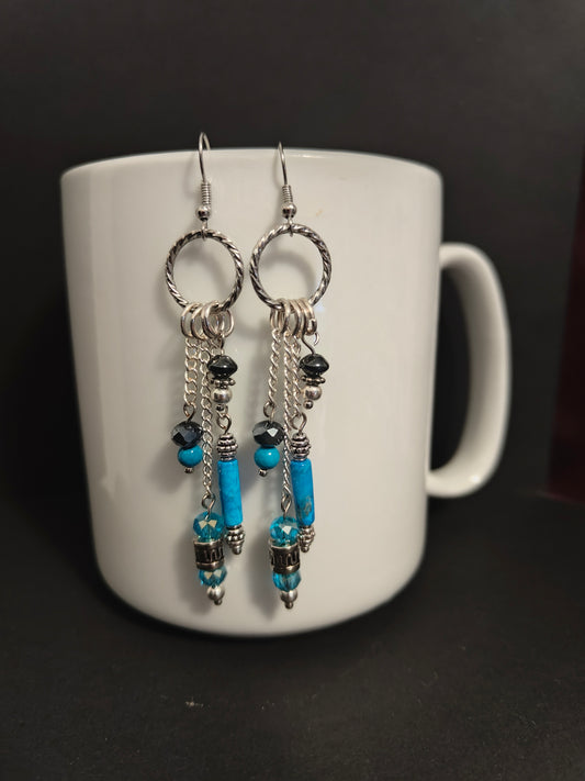 Silver, Teal and Turquoise Crystal Dangle Earrings