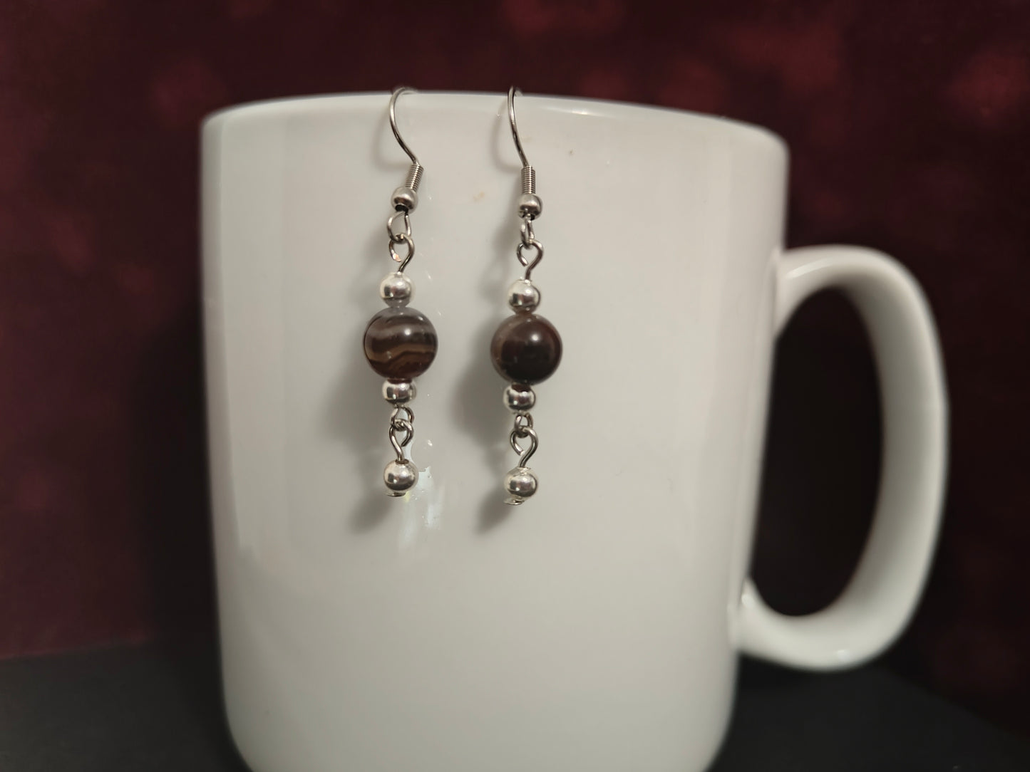 Dark Brown Agate Stone Bead Earrings