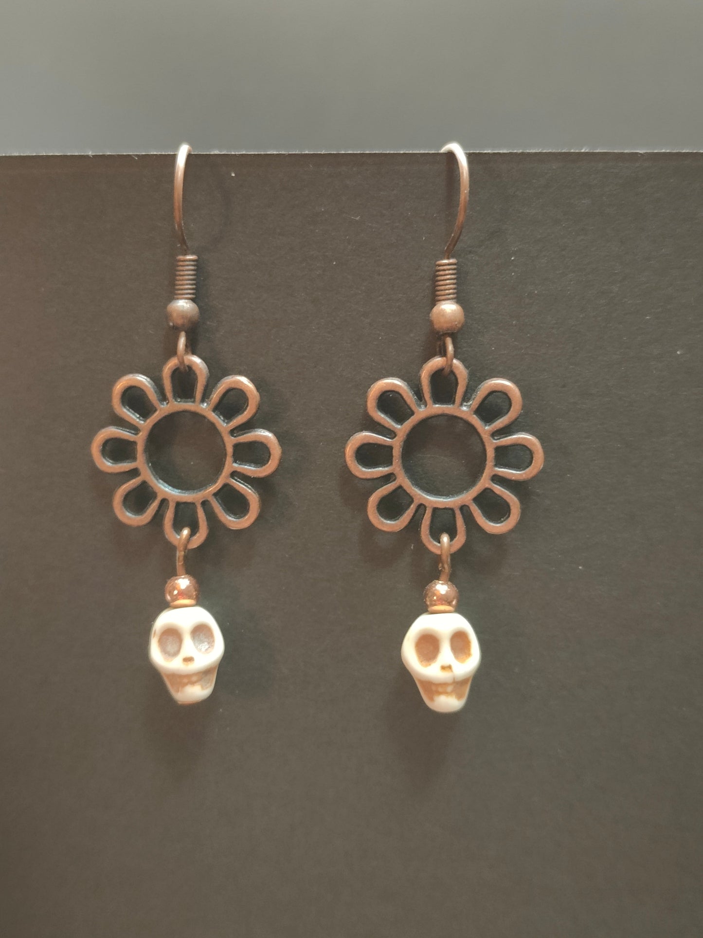 Antique Copper Flower and Skull Earrings