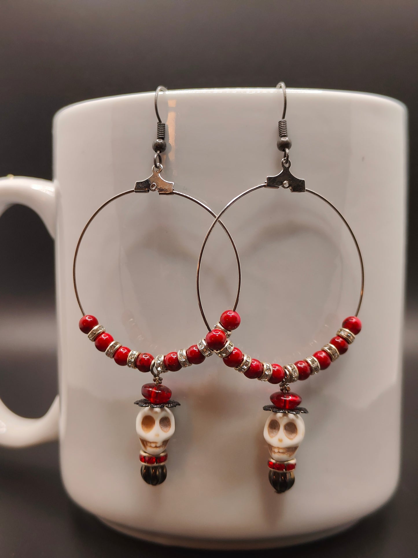 Skull and Red Stone Beaded Hoops