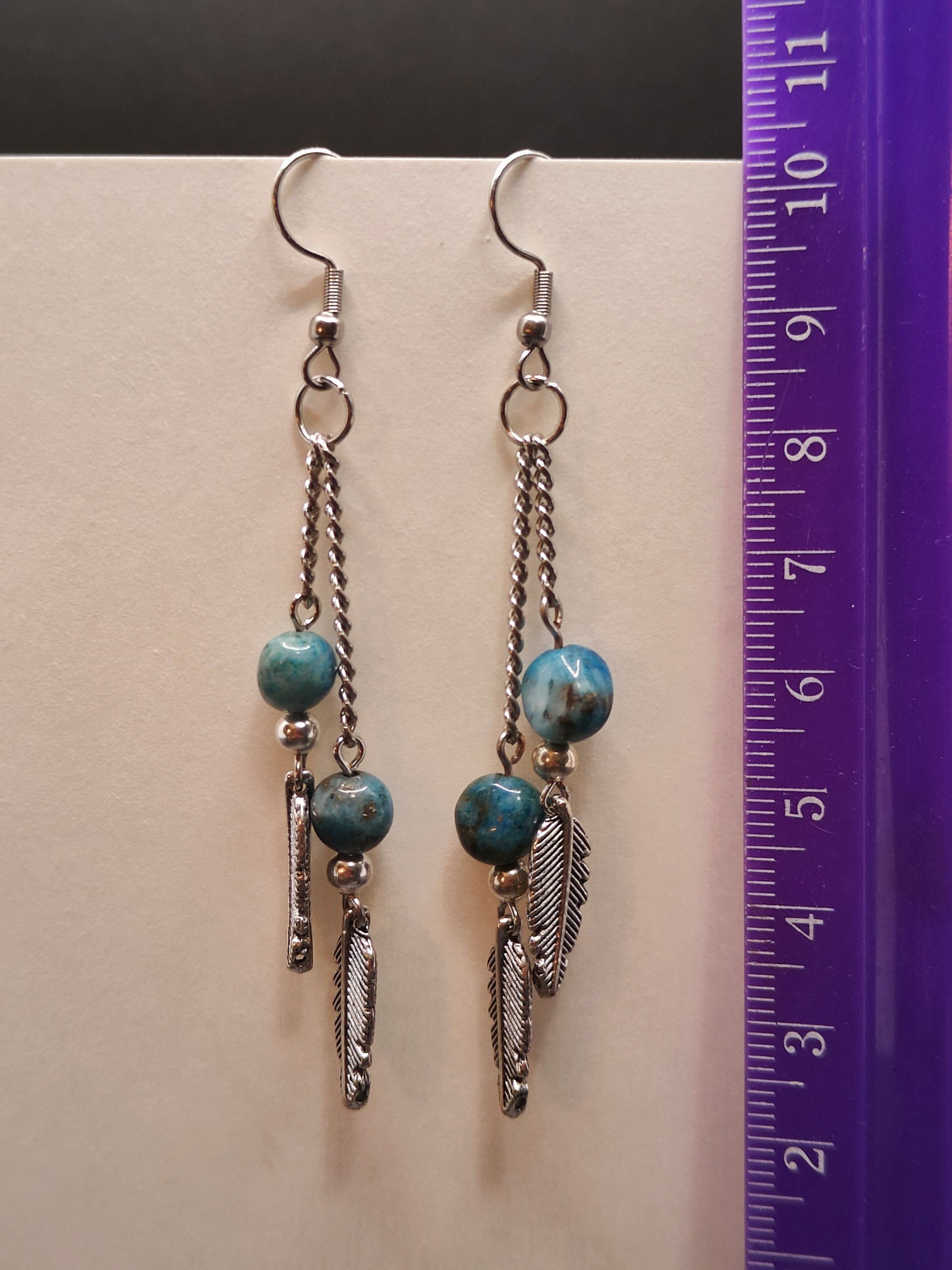 Feather and Apatite Stone Bead Dangle Earrings