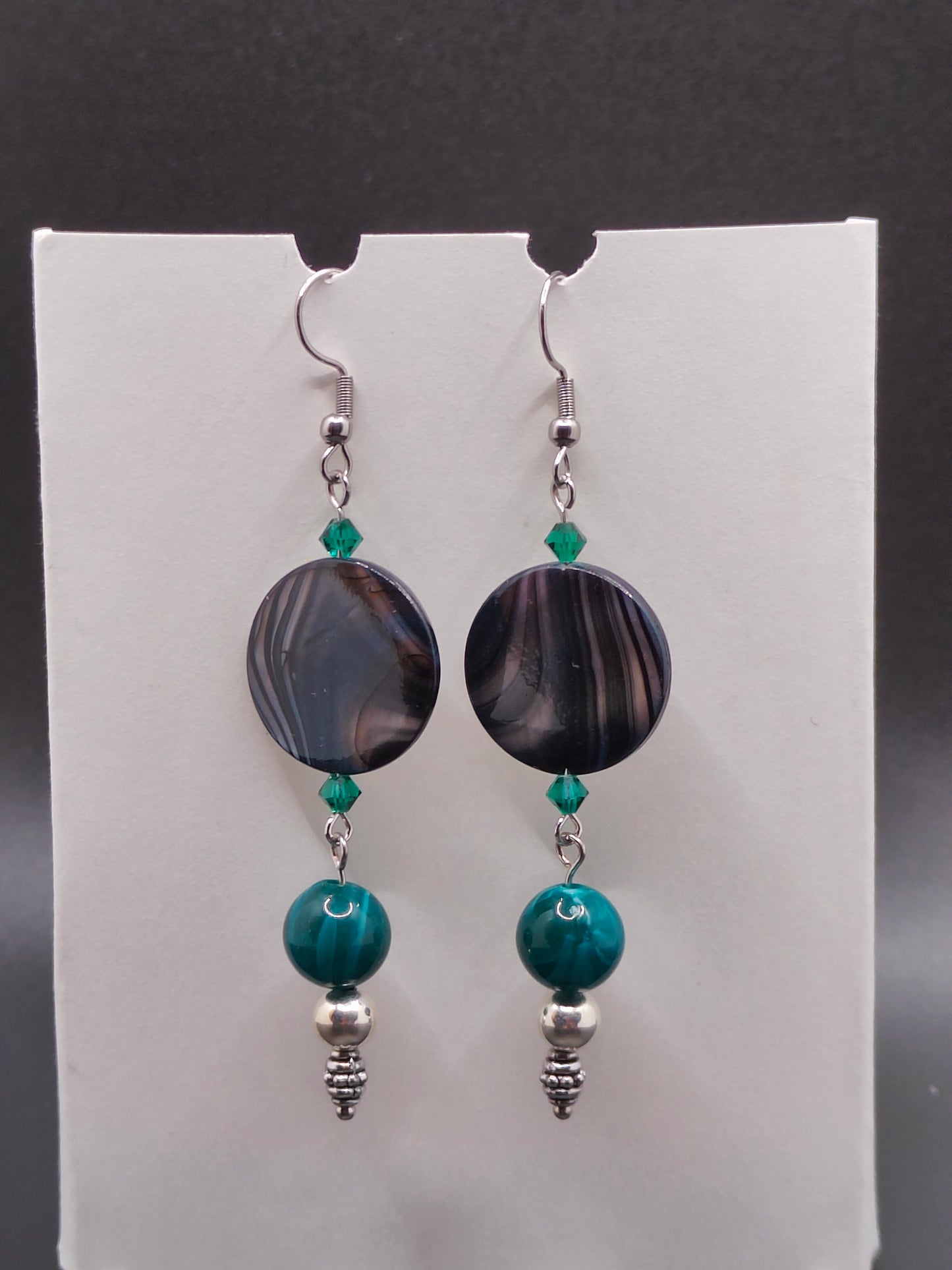 Black Analone Shell, Chrysocolla and Silver Earrings