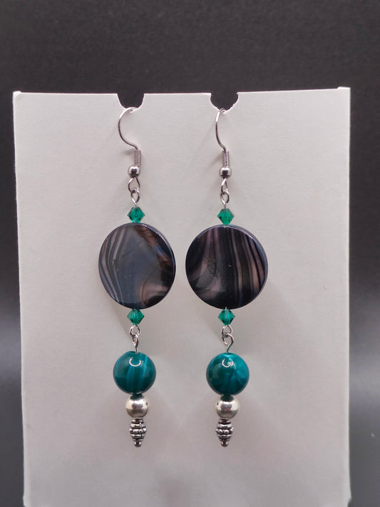 Black Analone Shell, Chrysocolla and Silver Earrings